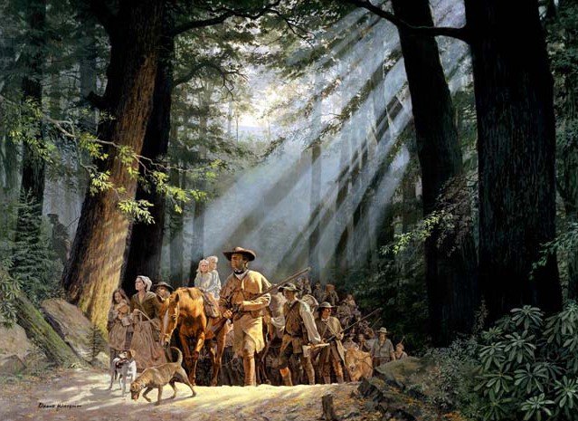 Daniel Boone leading settlers through the Cumberland Gap, artwork by David Wright